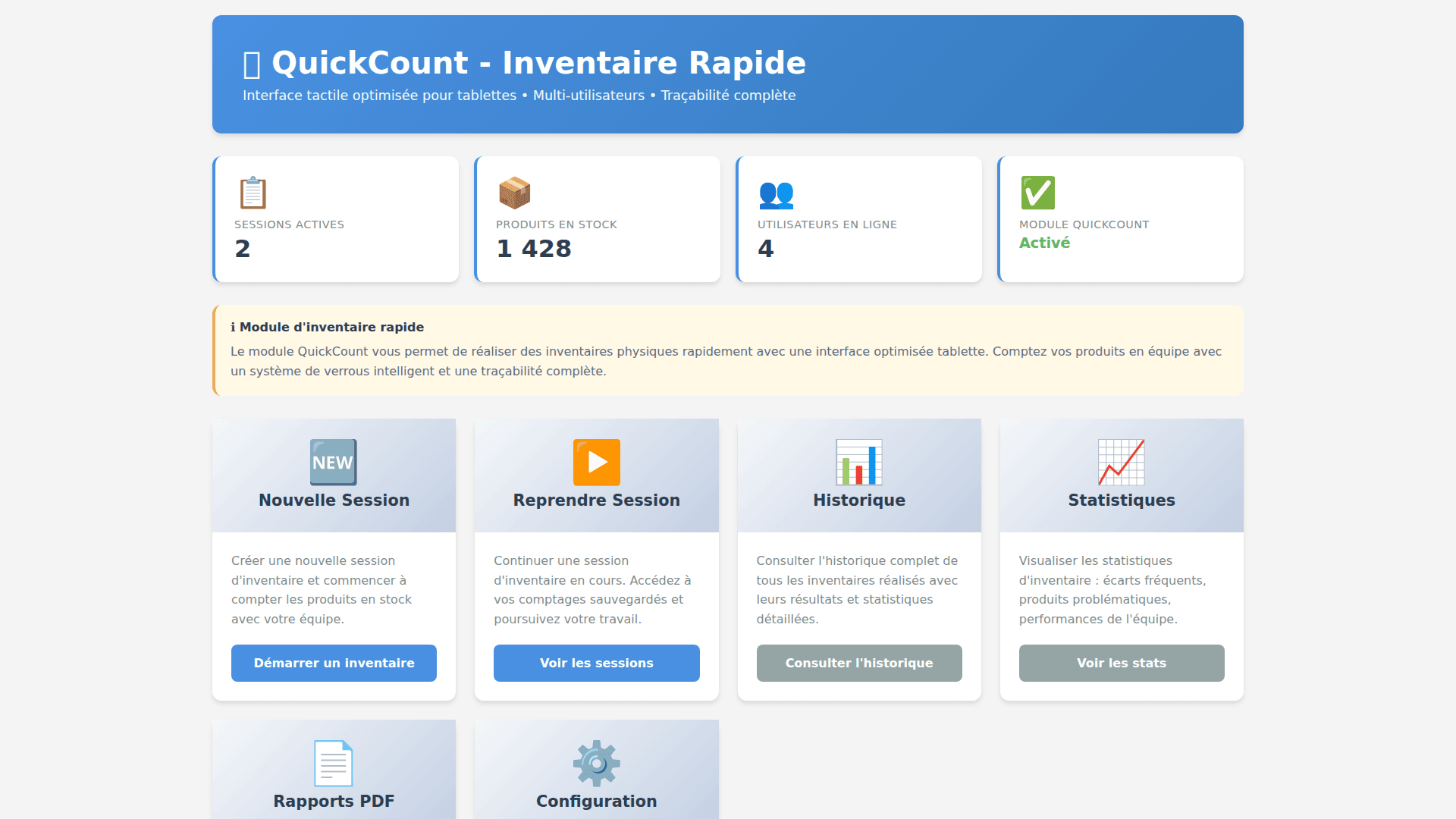 Interface du module QuickCount pour l'inventaire